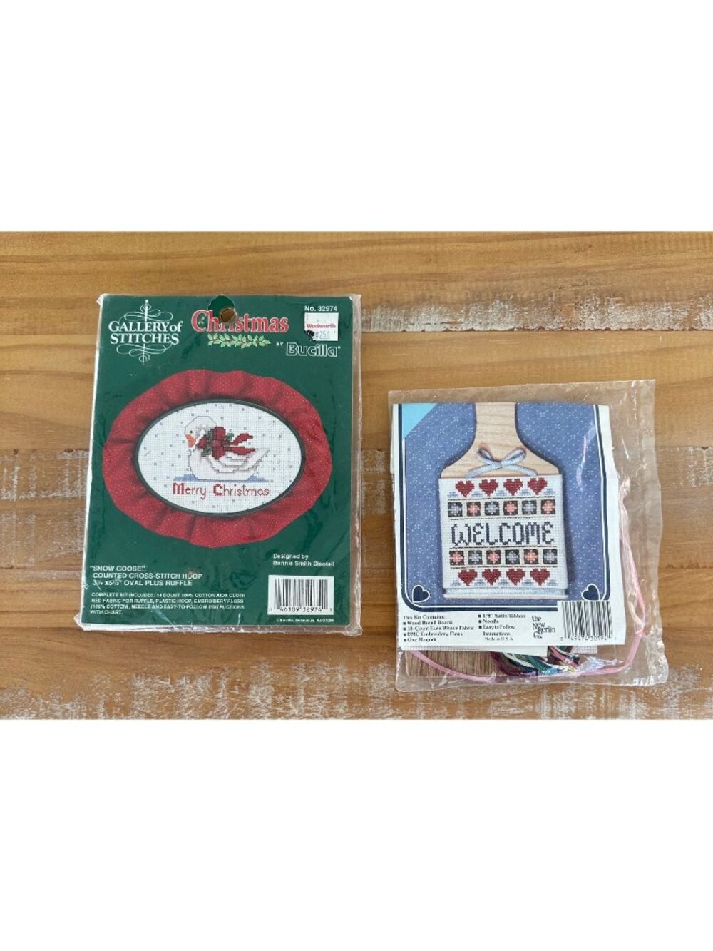 Set Of 2 Vintage Cross Stitch Kits NOS Merry Christmas Swan, Welcome Breadboard